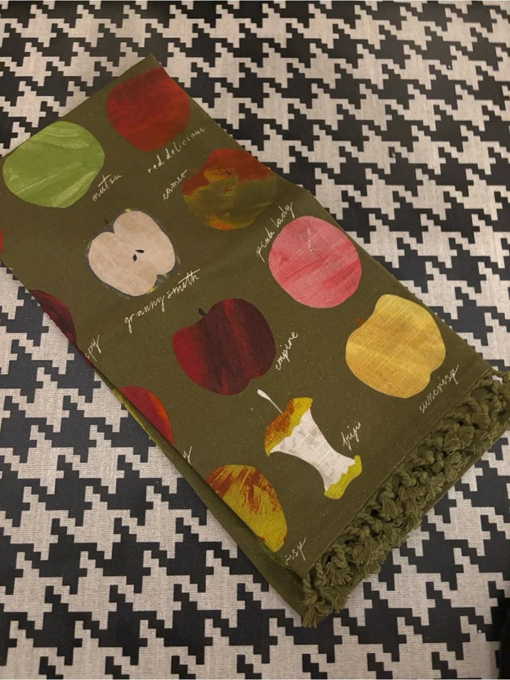 Anthropologie Olive Green Tea Towel with Multicolor Apple Accents